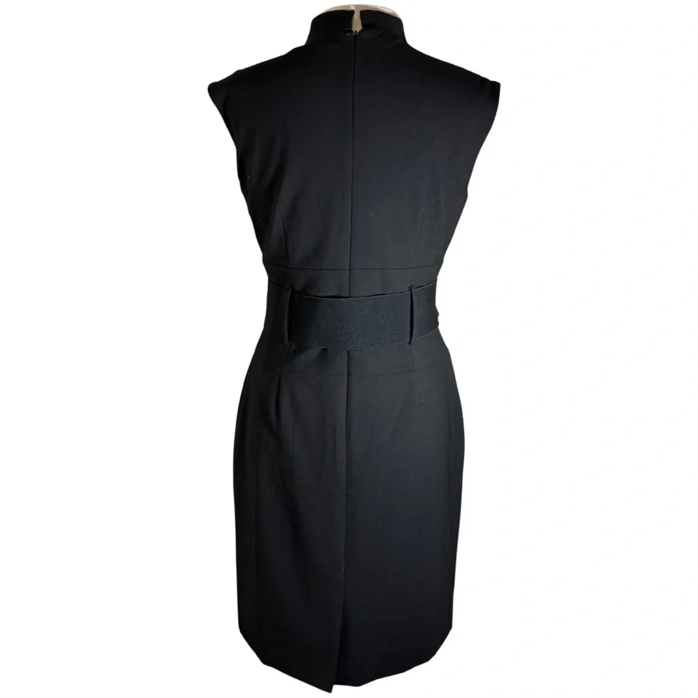 ANTONIO MELANI Sz 8 Black Dress Belted Above Knee V Neck Collared - Picture 4 of 9